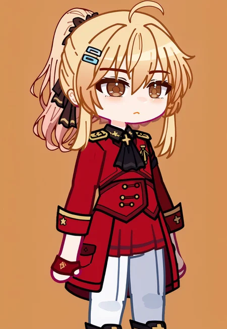 score_9, score_8_up, score_7_up, score_6_up,1girl, solo, liscia, blonde hair, low ponytail, brown eyes, hairclip, hair bow, black ascot, red coat, epaulettes, long sleeves, military uniform, red skirt, white pants, gacha, chibi, half body
