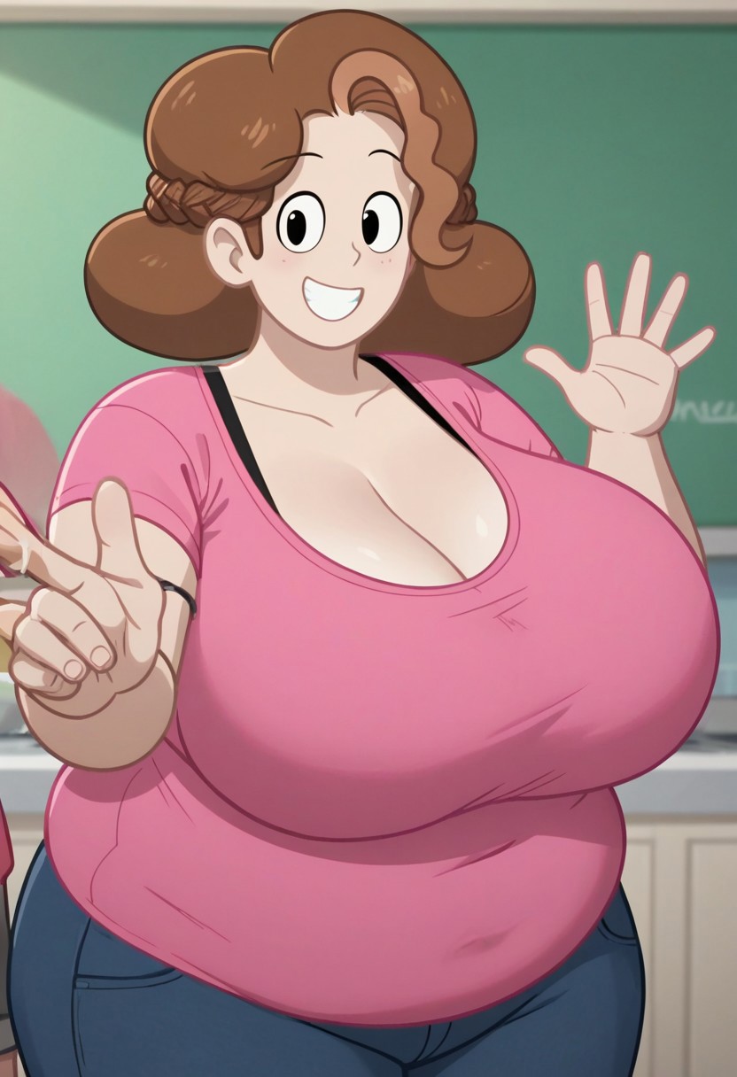 (score_9 | score_8_up | score_7_up) ((masterpiece:1))(best quality,very high quality,ultra detailed:1.2) (2D,cartoon style,anime style)(Smooth:2)(clean blurring) (four fingers on each hand,one thumb on each hand:1),1female,sole female,black eyes,perfect face,accurate,screencap,looking at viewer,,dot eyes,huge breasts,bbw,fat,brown hair,pink shirt,pants,smile,full clothed,,cleavage
