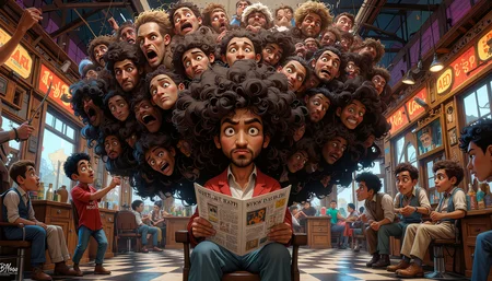 A surreal and comical scene of a man with an impossibly massive, gravity-defying Afro hairstyle sitting in a barbershop chair, rendered in a hyper-detailed, cartoonish style reminiscent of Ralph Steadman's illustrations. The Afro dominates the frame, extending beyond the edges in all directions, with intricate curls and coils visible in extreme close-up. Multiple exasperated barbers, their faces contorted in comical frustration, surround the chair wielding an array of oversized scissors, electric clippers, and even chainsaws. The barbers are captured mid-action, some precariously balanced on stepladders, others swinging from ceiling-mounted ropes to reach the uppermost regions of the Afro. Stray hair clippings float throughout the air, catching light and creating a hazy atmosphere. The barbershop interior features vintage details likeCheckerboard floor tiles, ornate mirrors, and neon signs, all warped and distorted by the sheer volume of hair. The seated man appears completely calm and oblivious to the chaos around him, reading a newspaper with only his hands visible beneath the colossal hair mass. Lighting is dramatic, with strong highlights and shadows emphasizing the texture of the Afro and the frantic expressions of the barbers.