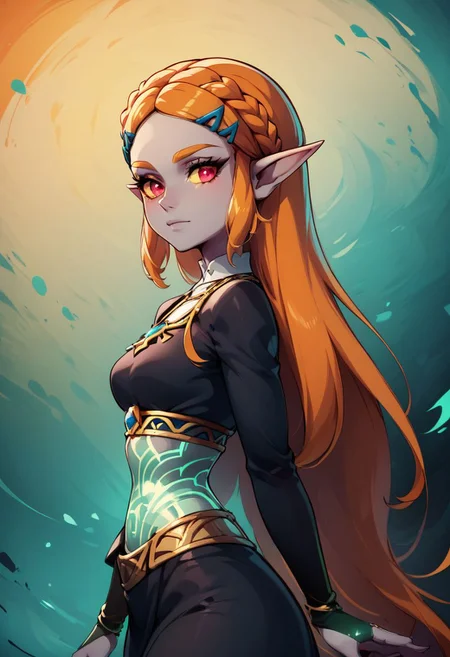 score_9, score_8_up, score_8,
medium breasts, cute, eyelashes ,
(green glow),
vivid, vibrant colors, color theory,
(zzTwilightZelda:1.1), glow, glowing, dark skin, grey skin, glowing tattoo, pointy ears, red eyes, orange hair, long hair, yellow sclera, princess zelda, 1girl, bangs, breasts, bridal gauntlets, closed mouth, black robe, expressionless, from side, jewelry, long hair, long sleeves,
(crazy abstract background),
looking at viewer,
glowing, Expressiveh, zPDXL2