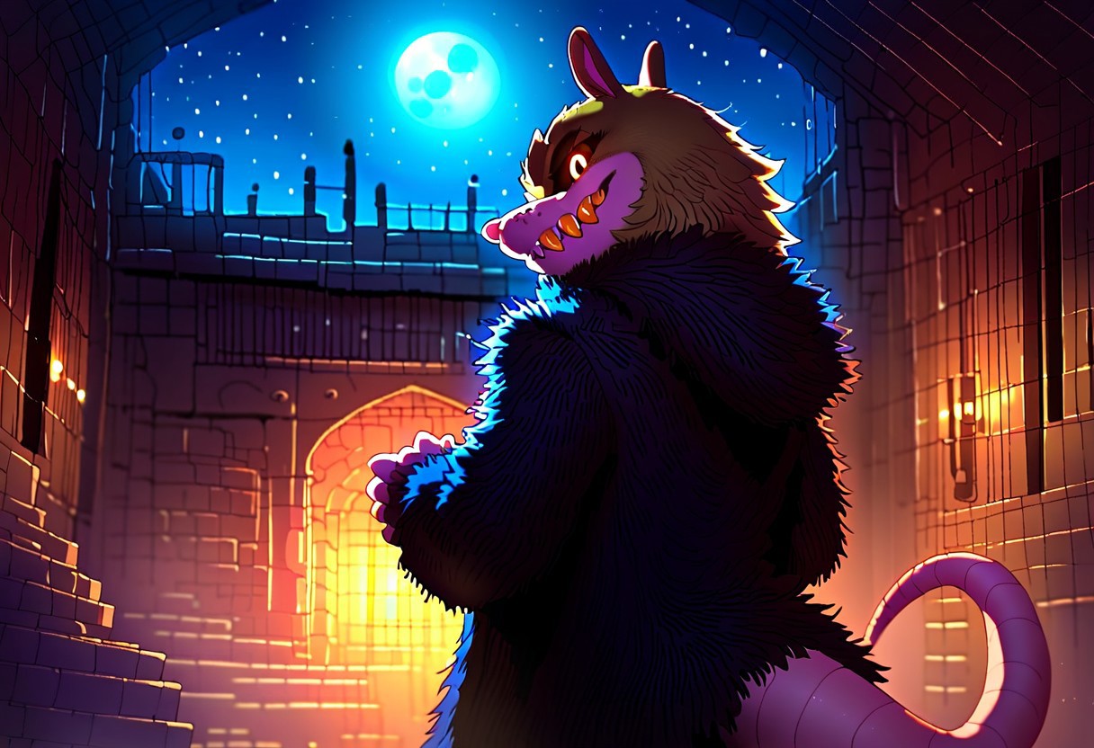 score_9, score_8_up, score_7_up, score_6_up, Clutch the Opossum, black sclera, back view, coat, gold tooth, sharp teeth, glowing eyes, abandoned storage building, indoors, night, moon, stars, ambient light, solo, looking back at viewer, detailed, furry, 5 fingers