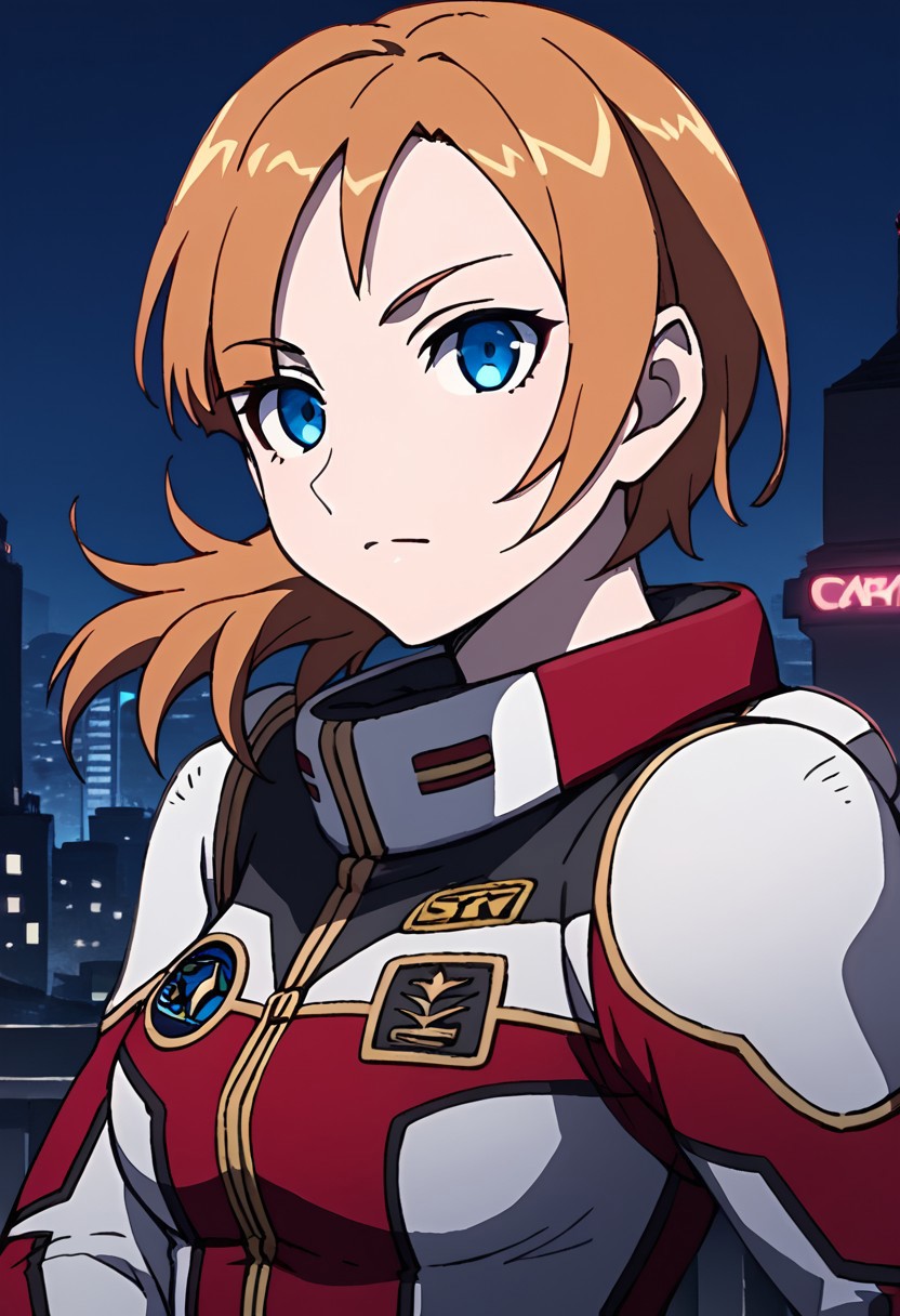 score_9, score_8_up, score_7_up,city view, 1 female,night view, moonlight,somers, female, brown hair, blue eyes, hair with band,open-collor pilotsuit,gloves,upper body,look at viewer