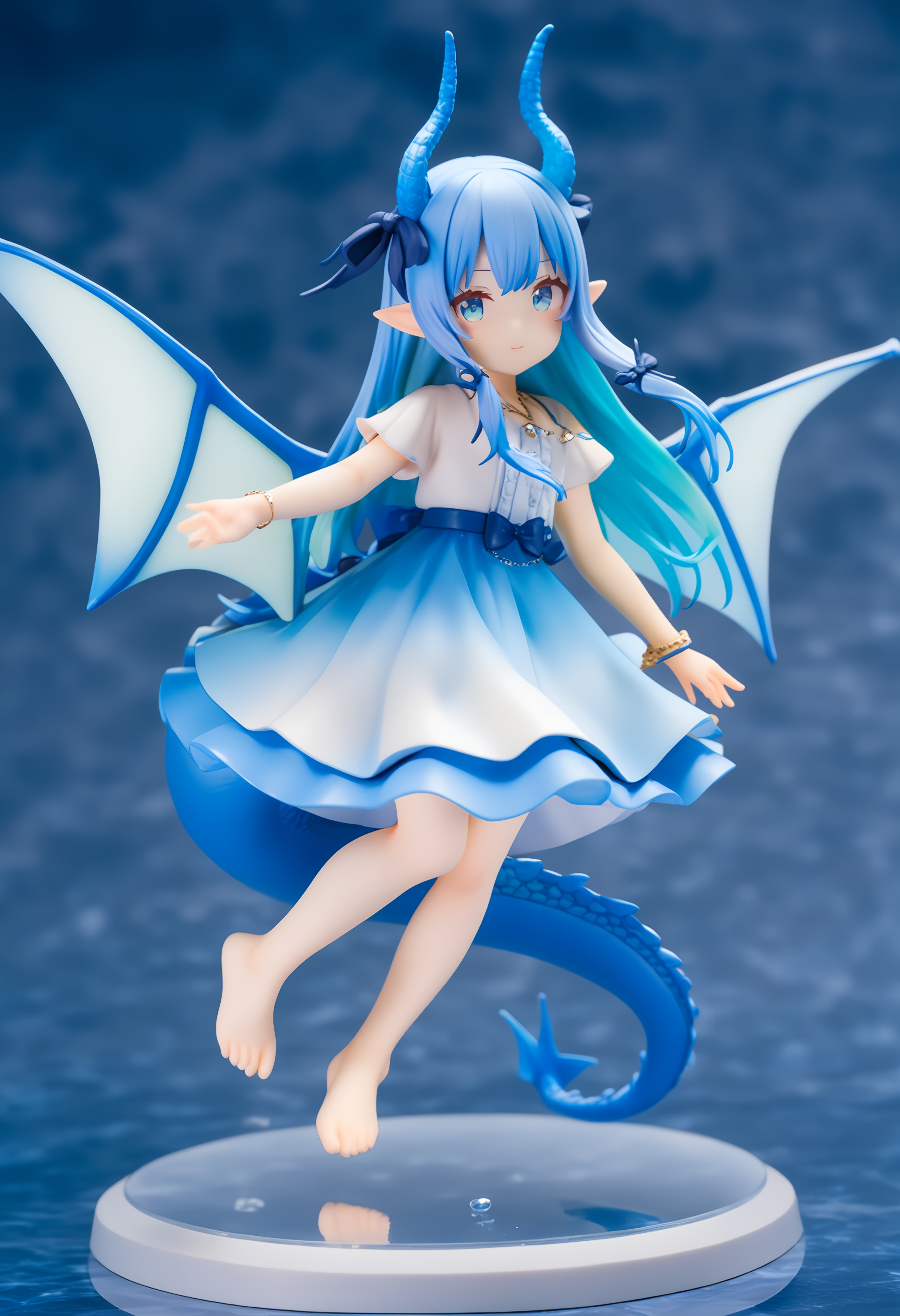 1girl,
pvc figure,
dragon girl, solo, wings, (1o1i:1.3), full body, long hair, underwater, bubble, necklace, blue hair, looking at viewer, jewelry, blue ribbon, horns, dragon horns, dragon wings, ribbon, white shirt, sidelocks, pointy ears, barefoot, bracelet, white skirt, skirt, hair ribbon, blue eyes, blue dress, shirt, tail, dragon tail, air bubble, dress,
masterpiece, newest, absurdres, safe
 <lora:kohaku-xl-epsilon-addon-lyco:1.0>