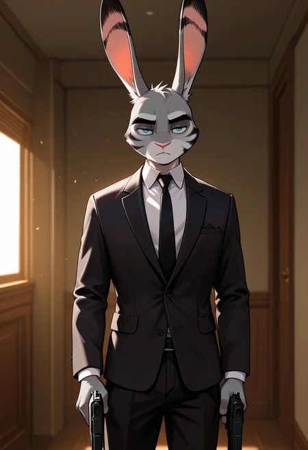 masterpiece, best quality, amazing quality, very aesthetic, absurdres, newest, high quality, detailed, male, solo male, JackSavage, 1boy, mature male, blue eyes, athletic build, grey fur, rabbit, animal ears, black stripes, big eyebrows, white shirt, black suit, black pants, half body, holding gun, looking at viewer, blank expression, half lidded eyes, volumetric lighting, detailed face, detailed eyes, indoors