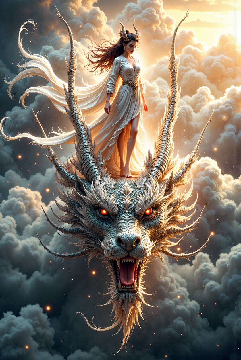 mythp0rt, glowing, A close-up of an Eastern dragon's head partially visible, emerging swiftly from thick clouds with dynamic motion blur that emphasizes the sense of speed. Standing confidently on the dragon's head between its two large horns is a beautiful fairy, who is the central focus of the image. She is dressed in flowing white robes that billow dramatically in the wind, adding a sense of grace and ethereal movement. Her expression is one of unwavering determination, her eyes fixed forward with a strong, resolute gaze.

The dragon’s head is only partially shown to emphasize the fairy as the main subject, with its intricate scales and glowing eyes partially visible, adding a sense of power and mysticism. The background features swirling clouds illuminated by a soft, golden light from the setting sun, enhancing the dreamlike, mythical atmosphere of the scene. The entire image is captured in a hyper-realistic style with ultra-fine details, showcasing every texture of the fairy's flowing robes and the dragon's scales.

The use of high contrast and vibrant colors adds to the dramatic effect, creating a high-quality, fantastical depiction that combines realism with a sense of magic and mythology. The scene conveys a powerful and enchanting moment, filled with motion and mythical beauty.