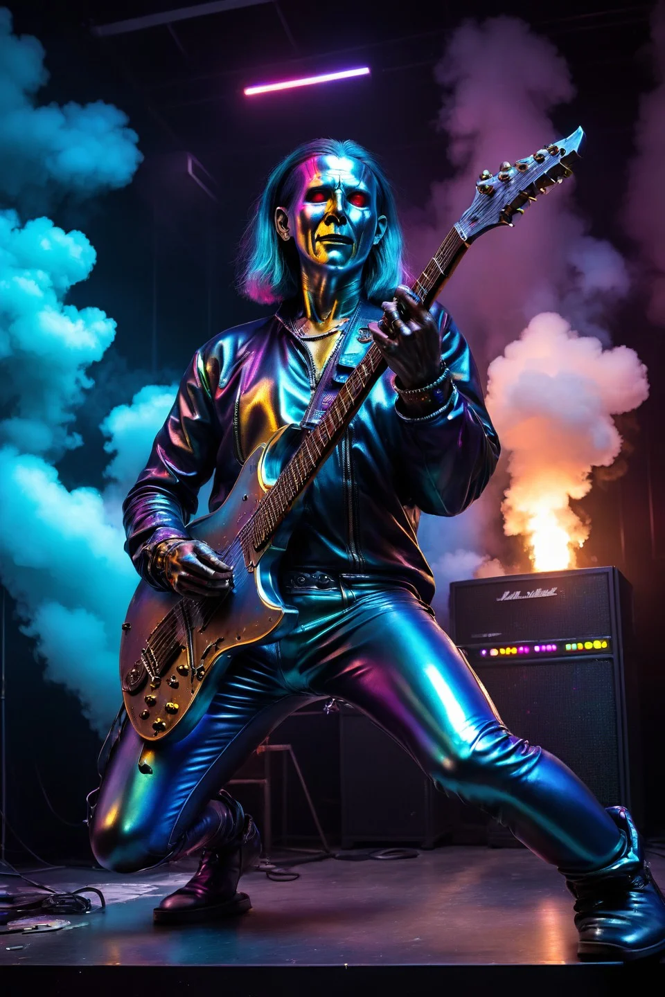 cs-m3tal-400 Neon noir photo of heavy metal demonic guitarist striking a pose on stage, coloured spotlights, clouds of stage smoke, very detailed, intricate, Vibrant neon colors, dark urban settings, moody, futuristic, cyberpunk vibes. Rocket launch in the background