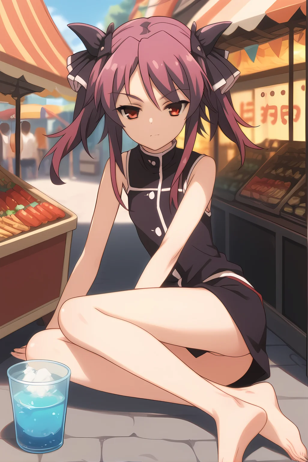 (), mt-pest, purple hair, twintails, hair ribbon, 1girl, solo, skinny, feet, score_9, score_8_up, score_8, score_7_up, score_7, source_anime, lewd, festival, (full body|wide shot|sitting|standing|lying|close-up| :1.20) <lora:mt-pest-V01-000004:0.80>