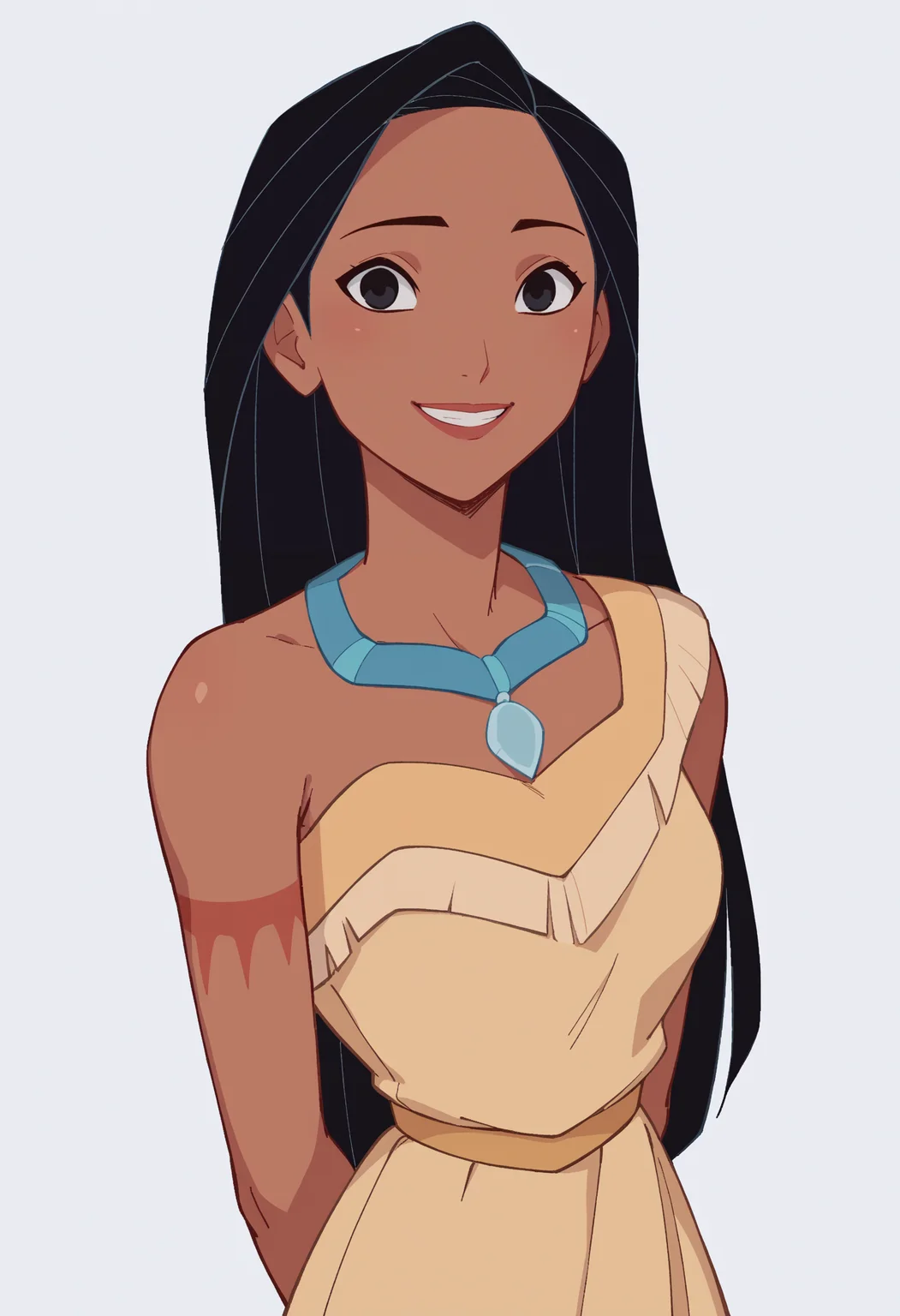 score_9, score_8_up, score_7_up, score_6_up, score_5_up, score_4_up, BREAK, source_anime,
1girl, pocahontas, black hair, long hair, black eyes, dark skin, necklace, dress,
hands behind back, smile, upper body, looking at viewer, solo, simple background, white background <lora:PocahontasXLv3:1>