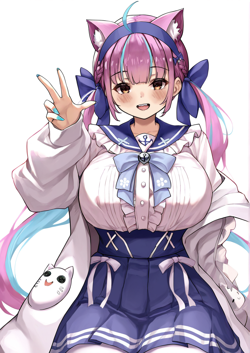 <lora:ARMERIA:1>,1girl, minato aqua \(5th costume\), neko \(minato aqua\), huge breasts, wide hips, :d, ahoge, animal ear fluff, animal ears, blue hair, blue hairband, blue nails, blue ribbon, blue sailor collar, blue skirt, blush, braid, cat ears, colored inner hair, frilled sailor collar, frills, hair ribbon, hairband, hand up, jacket, long hair, long sleeves, looking at viewer, multicolored hair, nail polish, official alternate costume, open clothes, open jacket, open mouth, pink hair, pleated skirt, purple eyes, red eyes, ribbon, sailor collar, school uniform, serafuku, skirt, smile, solo, twintails, two-tone hair, very long hair, white jacket, 
masterpiece, best quality, highres, absurdes,amazing quality