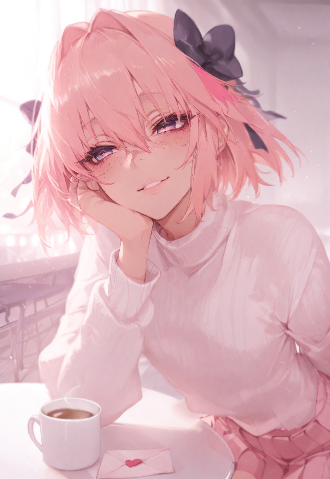 safe_pos, masterpiece, best quality, amazing quality, very aesthetic, absurdres, newest, volumetric lighting, holographic colors, cute, gradient colors, 4k, hd, ultra detailed, sfw, usnr, gbf_style, 748cmstyle, ambient occlusion, raytracing, soft lighting, bloom effect, absolutely eye-catching, intricate cinematic background, (beautiful face), 
BREAK 
,
photo realistic, very aesthetic, scenery, 
BREAK
,
1boy, astolfo_korashime_hon, astolfo (saber) (fate), otoko no ko, astolfo (fate), multicolored hair, streaked hair, hair intakes, hair between eyes, pink hair, hair bow, femboy, male, crossdressing,
(clean, pristine, fresh, perfect, brand new, cute, cute face, toned, pretty boy, freckles,), 
(detailed eyes, reflective eyes, eyeliner, ), pale,
Pleated pink skirt, cozy ribbed white sweater,
BREAK 
,
Smiling, happy, blushing, flustered, shy, awkward smile, hand on own cheek, holding love letter, heart on letter, looking at viewer, eye contact, 
BREAK 
,
Cafe background, table, steamy mug, sunlight though window, sunlight, cafe, 
dynamic angle, intricate light, 