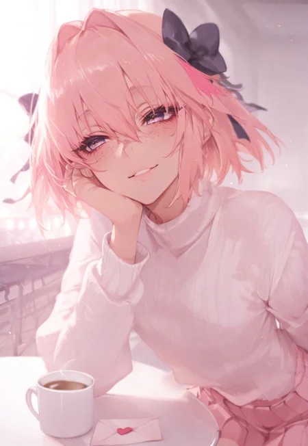 safe_pos, masterpiece, best quality, amazing quality, very aesthetic, absurdres, newest, volumetric lighting, holographic colors, cute, gradient colors, 4k, hd, ultra detailed, sfw, usnr, gbf_style, 748cmstyle, ambient occlusion, raytracing, soft lighting, bloom effect, absolutely eye-catching, intricate cinematic background, (beautiful face), 
BREAK 
,
photo realistic, very aesthetic, scenery, 
BREAK
,
1boy, astolfo_korashime_hon, astolfo (saber) (fate), otoko no ko, astolfo (fate), multicolored hair, streaked hair, hair intakes, hair between eyes, pink hair, hair bow, femboy, male, crossdressing,
(clean, pristine, fresh, perfect, brand new, cute, cute face, toned, pretty boy, freckles,), 
(detailed eyes, reflective eyes, eyeliner, ), pale,
Pleated pink skirt, cozy ribbed white sweater,
BREAK 
,
Smiling, happy, blushing, flustered, shy, awkward smile, hand on own cheek, holding love letter, heart on letter, looking at viewer, eye contact, 
BREAK 
,
Cafe background, table, steamy mug, sunlight though window, sunlight, cafe, 
dynamic angle, intricate light, 