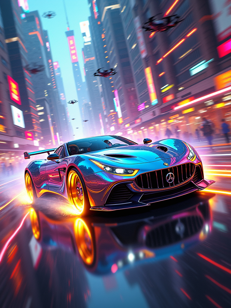 The painting is rendered in an exaggerated, hyper-stylized sci-fi style. The brushstrokes are bold and dynamic, creating a sense of speed and energy. The colors are a vivid explosion of neon and metallic hues, with a constant play of light and shadow. The texture is a combination of smooth surfaces and sharp edges, giving a sense of high-tech and futuristic design.
Scene Description: In the center of a chaotic urban landscape, a sleek and powerful sports car blazes a trail of light. The car is a work of art, with a streamlined body that seems to be made of liquid metal. Its surface is covered in thousands of tiny reflective panels that catch and refract the light in a dazzling display. The car's tires are massive, with glowing treads that leave trails of fire as it speeds through the city. The background is a cityscape of towering skyscrapers and neon signs, all bathed in a kaleidoscope of colors. Flying vehicles and drones buzz around the car, adding to the chaos and excitement.
Composition: The sports car is the focal point of the painting, positioned diagonally across the canvas to create a sense of movement. The cityscape and flying objects frame the car, leading the eye around the scene. The composition is asymmetric and full of energy, with no clear center but a constant flow of action.
Color Palette: The colors are a vivid mix of electric blues, purples, pinks, and golds. The car is a combination of metallic silver and neon accents, while the cityscape is a riot of colors. The light reflected by the car's panels creates a rainbow of hues that add to the visual impact.
Light and Shadow: A harsh, bright light shines on the car from multiple angles, creating deep shadows and highlighting the reflective surfaces. The cityscape is bathed in a soft glow of neon lights and holographic projections, creating a contrast between the bright and the dark. The light and shadow add drama and intensity to the scene.
Detail: Every aspect of the painting is filled with intricate details. The car's body is covered in tiny mechanical parts and symbols, while the reflective panels are highly detailed and show a distorted view of the surrounding city. The cityscape is filled with small details such as people, signs, and flying objects, all adding to the sense of chaos and excitement.