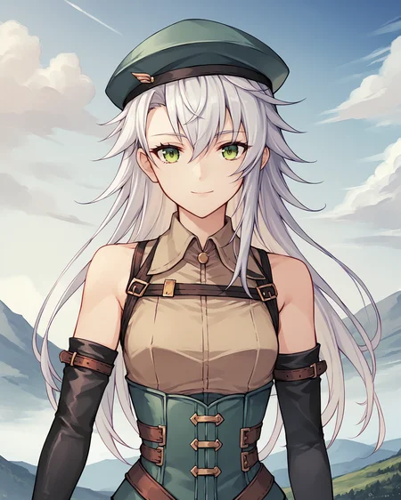 score_9, score_8_up, score_7_up, score_6_up, score_5_up, score_4_up, BREAK,
source_anime,
<lora:TrailsThroughDaybreak-Playable:0.9>, Fie Claussell, white hair, long hair, green eyes, small breasts, green beret, green corset, white skirt, brown top, bare shoulders, black gloves, elbow gloves, black boots, thighhigh boots,
looking at viewer, smile, upper body, portrait,
1girl, outdoors, sky, clouds, distant mountains