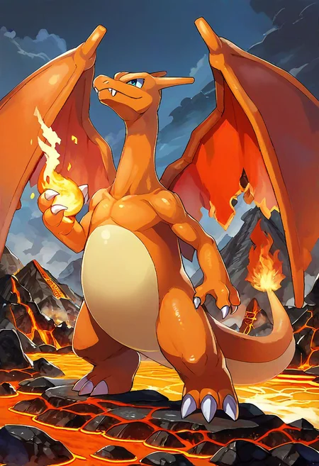 score_9, score_8_up, score_8, 
Charizard, no humans, 10s, creatures (company), fangs, fire, game freak, gen 1 pokemon, highres, nintendo, official art, pokemon, solo, sugimori ken,  wings, cowboy shot, 
volcano, lava,