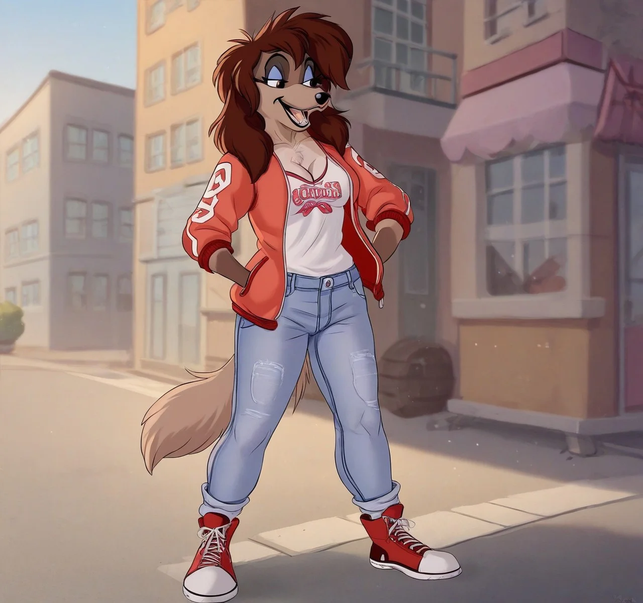 score_9,score_8,score_7,source_furry,
rita_oliver, rita_saluki, saluki, 1girl, solo, breasts, pants, shirt, furry female, brown hair, furry, jacket, long hair, cleavage, open clothes, bangs, denim, teeth, standing, body fur, animal ears, smile, tail, outdoors, collarbone, brown fur, open jacket, watermark, medium breasts, artist name, shoes, snout, sidelocks, animal nose, happy, full body, brown eyes, retro artstyle, open mouth, two-tone fur, anthro, furrification, anthro dog,
<lora:Rita_Oliver:1> rita_oliver,