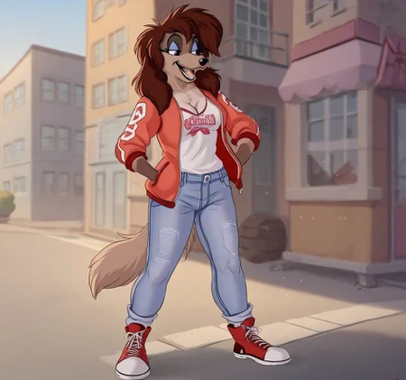 score_9,score_8,score_7,source_furry,
rita_oliver, rita_saluki, saluki, 1girl, solo, breasts, pants, shirt, furry female, brown hair, furry, jacket, long hair, cleavage, open clothes, bangs, denim, teeth, standing, body fur, animal ears, smile, tail, outdoors, collarbone, brown fur, open jacket, watermark, medium breasts, artist name, shoes, snout, sidelocks, animal nose, happy, full body, brown eyes, retro artstyle, open mouth, two-tone fur, anthro, furrification, anthro dog,
<lora:Rita_Oliver:1> rita_oliver,