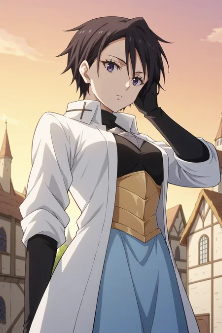 score_9, score_8_up, score_7_up, source_anime, 1girl, prefect lighting, very aesthetic, intricate details, highly detailed background, masterpiece, high quality, prefect hands, best quality, solo,
<lora:Hinata_Sakaguchi_Tensura_V1:.85>, KJOhinata, short hair, black hair, purple eyes, spiked hair,
white open coat, chest plate, light blue skirt, long sleeves, black gloves,
expressionless, parted lips, adjusting hair, head tilt, from below, looking at viewer,
outdoors, medieval, town, building, sunset, dusk,
(Beautiful, medium Breasts:1.2), natural breasts,