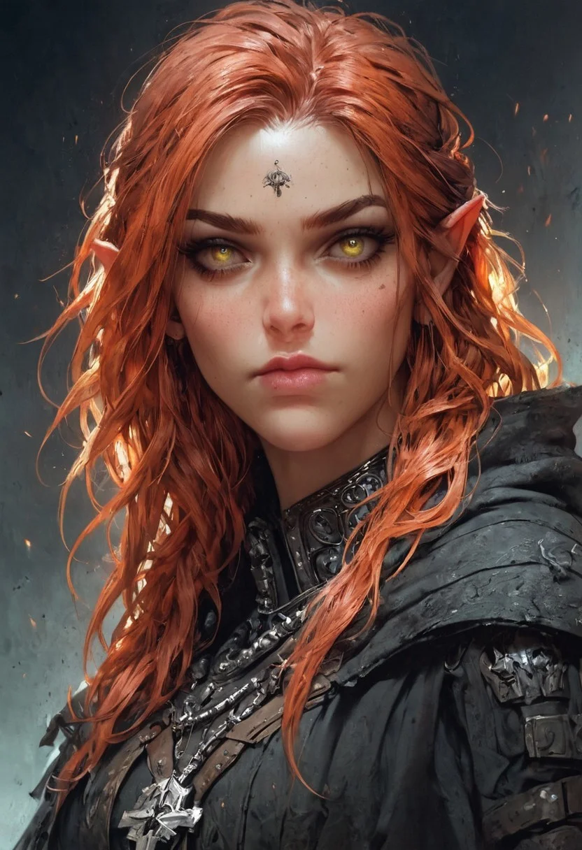 score_9, score_8_up, score_7_up, woman, simple background, dark background, yellow eyes, gorgeous, elf, rogue outfit, black pagan outfit, pale skin, solo, black religious robes, pagan mystic jewelry, black iron crown, pagan ornaments, violet cloak, standing up straight, calm face, runic tattoos, ginger hair, closed mouth, cowboy shot, looking at viewer
