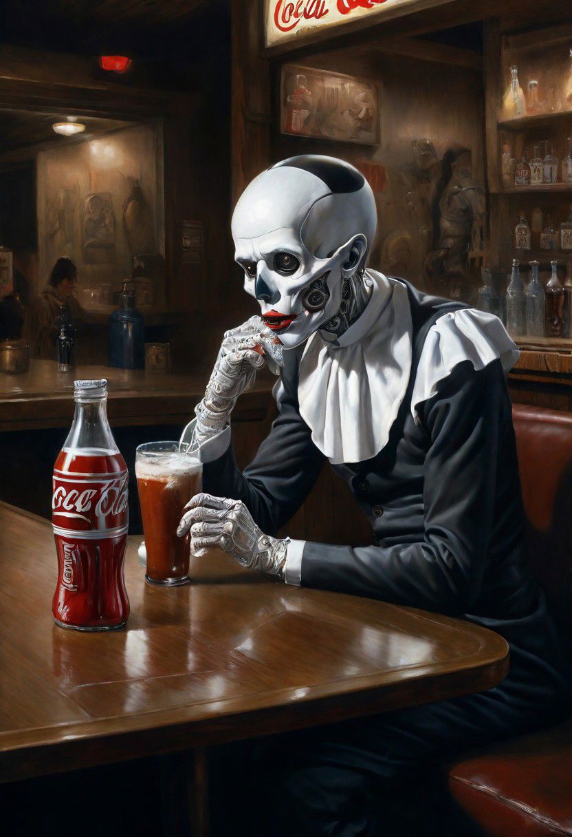 surreal , lowbrow art,  Biomechanical, cyborg, pierrot,trending on artstation, sharp focus, studio photo, intricate details, ethereal,  crisp quality, hyperrealistic,  style edward hopper, surrealism,him drinking a coke and bottle by his side in a rustic bar, 
l
leica 8k comic book dada ,surreal