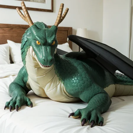score_9, score_8_up, score_7_up, score_6_up, score_5_up, score_4_up, masterpiece, high quality, realistic, detailed, best quality, white bed, solo, rating_safe, source_furry, bedroom, smiling, seductive, looking at viewer, lying on belly, Tohru_kobayashi, dragon, green scales, black wings, horns, tail, claws, female, 1girl, yellow sclera, slit pupils, feral, yellow eyes