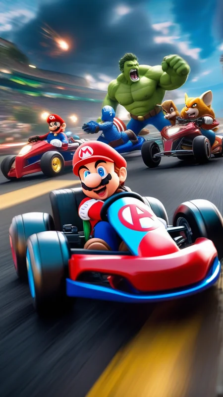 Mario Kart Race with (Avengers 1.5): Organize a chaotic race where the Avengers, equipped with Mario Kart vehicles, compete in a light-hearted and hilarious showdown. ultra realistic,dynamic pose, white hair, (masterpiece) (best quality) (detailed) (8k) (HDR) (wallpaper) (cinematic lighting) (sharp focus)