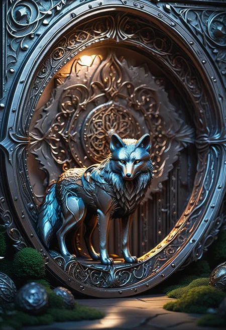 intricate details, masterpiece, best quality, dramatic lighting, the iron fox, ethereal background enhancing spatial depth, ultra-detailed, high quality, visually stunning, scintillating ambiance.