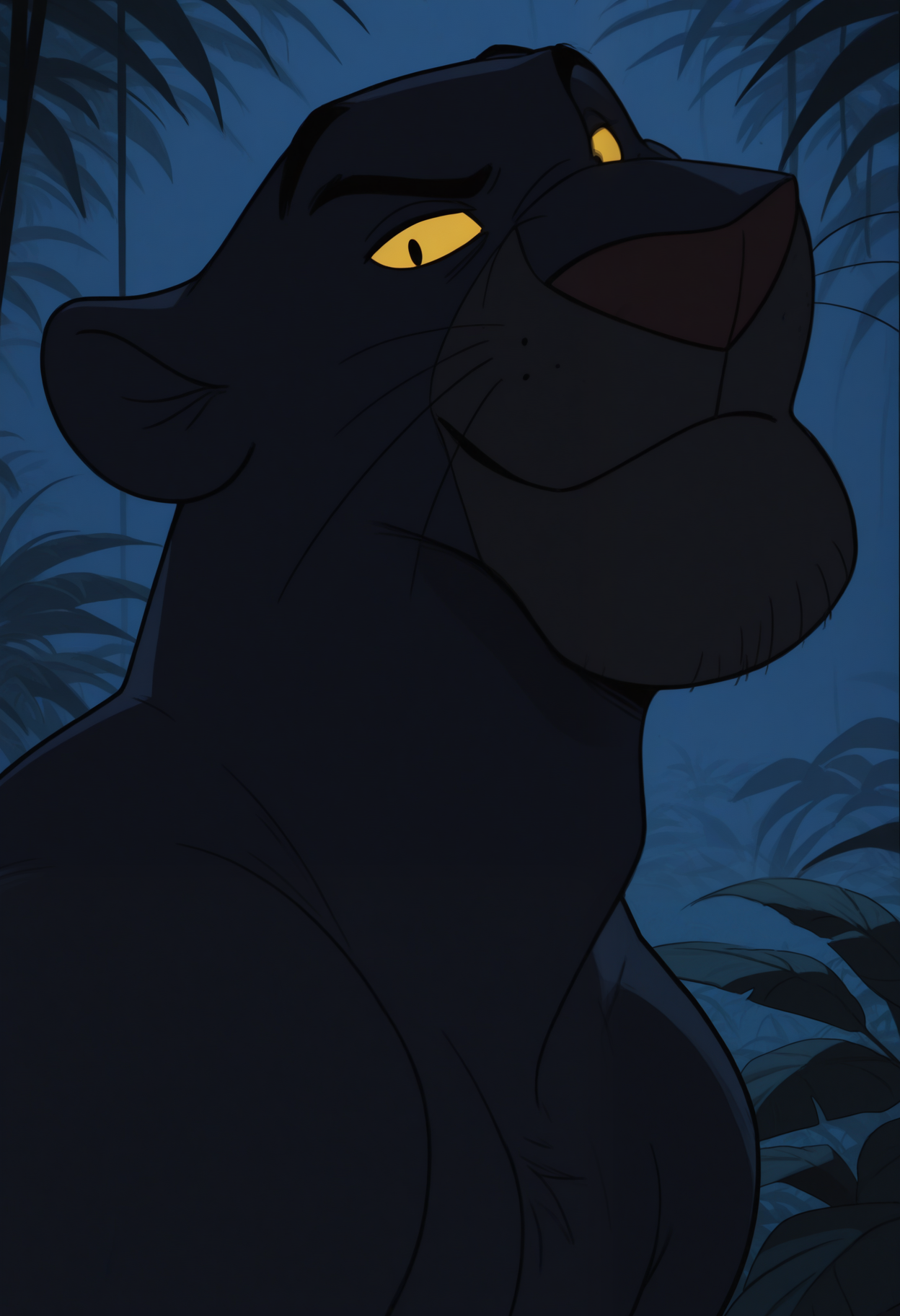 masterpiece,best quality,amazing quality, 1boy, solo, b4gh33r4, anthro panther, bara, colored sclera, black fur, close up, side angle, smirk, jungle, glowing eyes, looking at viewer, night,