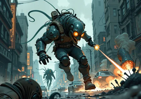 embedding:IllusP0s, s0larpunk,dynamic pose, dynamic shot, large robot, action, combat, firing, outdoors, city, post apocalyptic, gunfire, smoke, motion blur, depth of field, monster, tentacles, multiple boys,<lora:s0larpunk.safetensors:1.0:1.0>