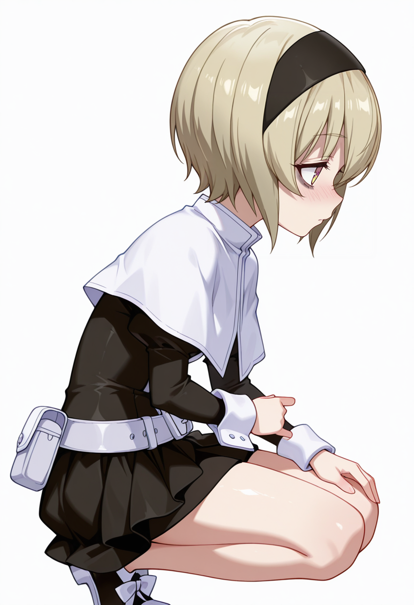 Smooth Quality,masterpiece,very intricate, high quality details, ultra realistic, high detailed skin,detailed enviorement,absurdres,
pinky out,
 <lora:Pekora_CNR:0.8> pekora_cnr, 1girl, blonde hair, short hair, bangs, yellow eyes, multicolored eyes, shiny hair black hairband,bags under eyes,pekora_def_cnr, black dress, white capelet, black skirt,white belt, long sleeves, shoes, pouch,, traumatized,, simple background, white background, from side,solo,