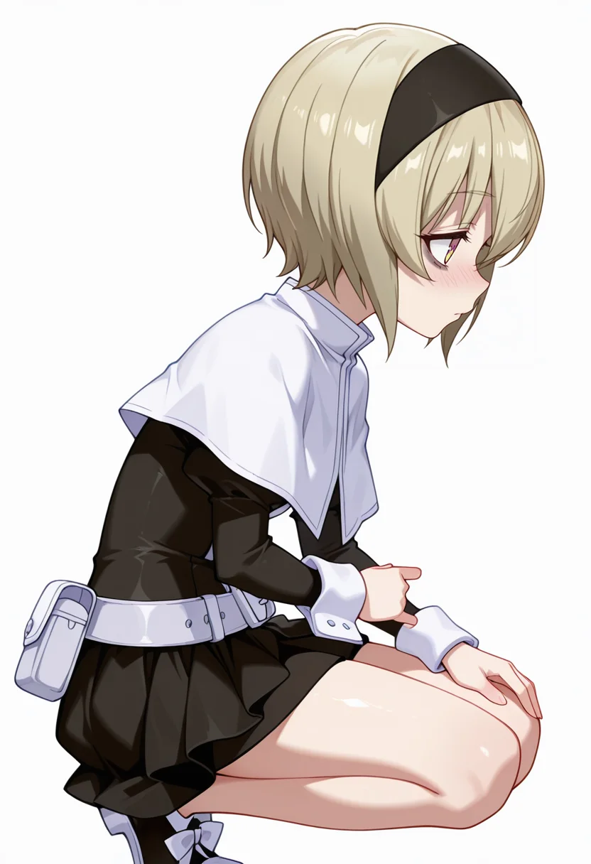 Smooth Quality,masterpiece,very intricate, high quality details, ultra realistic, high detailed skin,detailed enviorement,absurdres,
pinky out,
<lora:Pekora_CNR:0.8> pekora_cnr, 1girl, blonde hair, short hair, bangs, yellow eyes, multicolored eyes, shiny hair black hairband,bags under eyes,pekora_def_cnr, black dress, white capelet, black skirt,white belt, long sleeves, shoes, pouch,, traumatized,, simple background, white background, from side,solo,