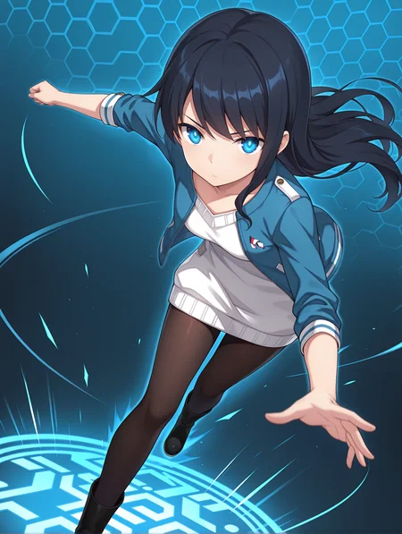 masterpiece,best quality,newest,
1girl,solo,
<lora:k_mutsumi_ilxl_v1.0:1>,k_mutsumi,black hair,long hair,blue eyes,
k_a_s,blue,sweater dress,black_pantyhose,boots,
<lora:Fixhands_anime_bdsqlsz_V1:1>,dynamic_angle,cinematic_angle,glowing eyes,fighting_stance,fighting,(motion_blur:1.3),(motion line:1.2),(speed_lines:1.1),fighting_stance,aura effect,leaning_forward,running,pov,looking_at_viewer,front view,bent over,looking ahead,glow eyes,expressionless,v-shaped eyebrows,honeycomb_background,white_background,simple_background,