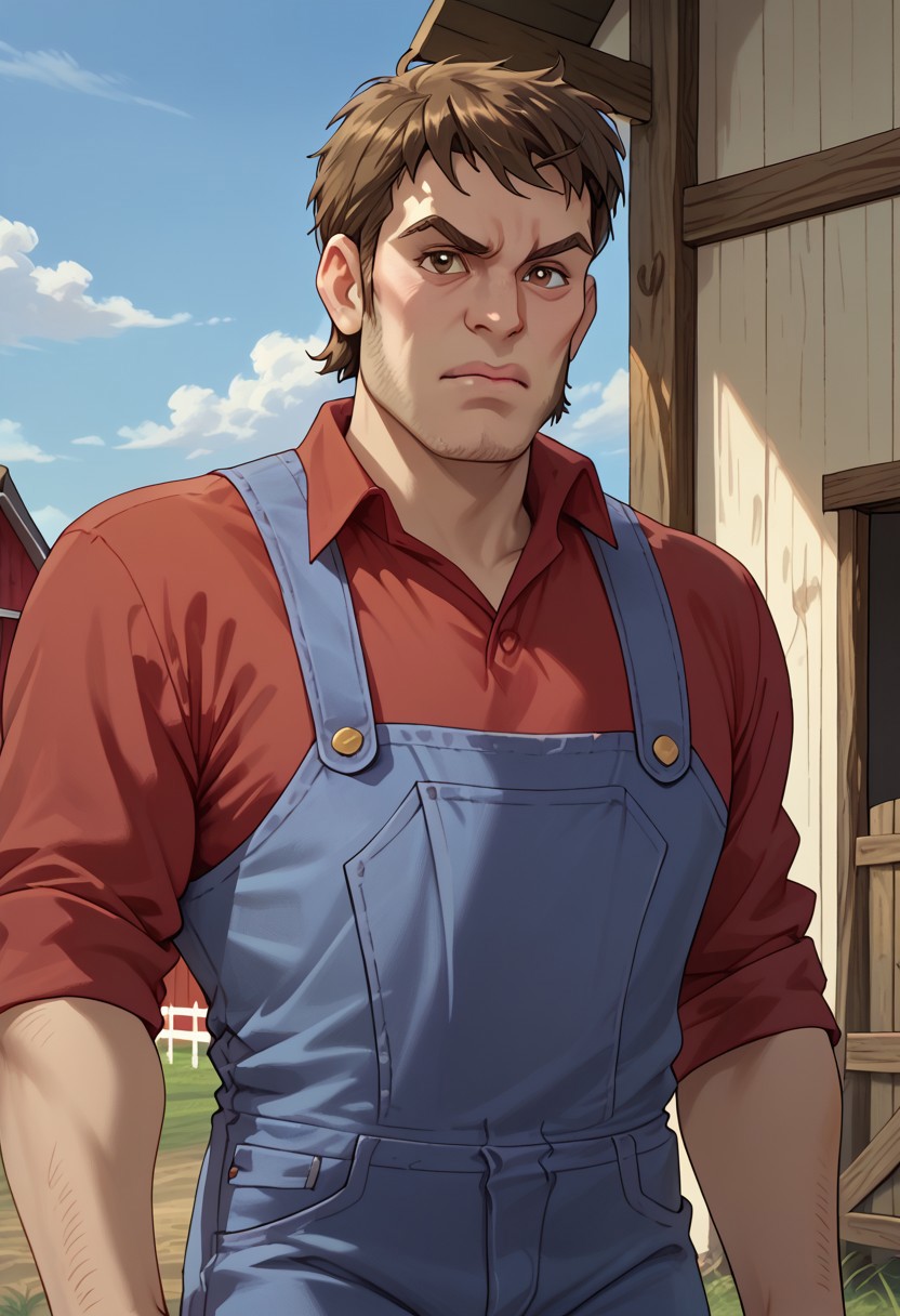 score_9, score_8_up, score_7_up, wolfbouncer, human, standing outside, day, farm setting, haystack, blue overalls, red shirt, expressive, hi res, detailed eyes, eyes focus, perfect eyes, brown eyes, best artwork, highly detailed