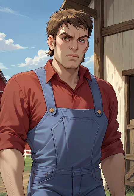 score_9, score_8_up, score_7_up, wolfbouncer, human, standing outside, day, farm setting, haystack, blue overalls, red shirt, expressive, hi res, detailed eyes, eyes focus, perfect eyes, brown eyes, best artwork, highly detailed