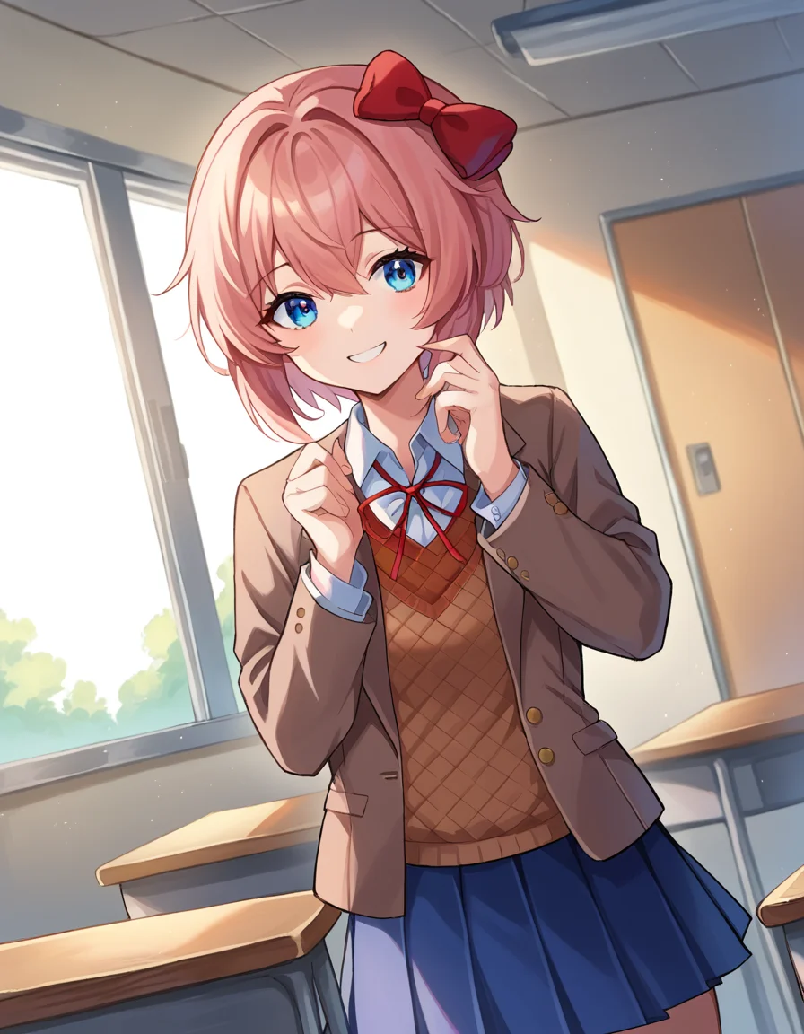 score_9, score_8_up, score_7_up, source_anime,
ddlcsayori, <lora:ddlc-sayori-ponyxl-lora-nochekaiser:1>
ddlcsayori, blue eyes, hair between eyes, hair bow, hair ornament, pink hair, red bow, short hair, smile,
blue skirt, pleated skirt, school uniform, skirt, brown jacket, jacket,
indoors, classroom,
looking at viewer, dutch angle, cowboy shot,