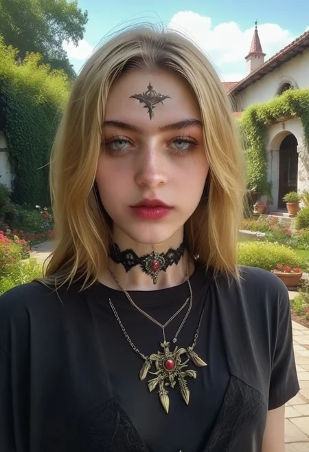 score_9, score_8_up, score_7_up, andrea, solo, 1girl, (tight shirt), braless, breasts apart, small breasts, garden, outdoors, choker 
bela, 1girl,  blonde hair, , jewelry, long hair, necklace, , looking at viewer
Goth girl