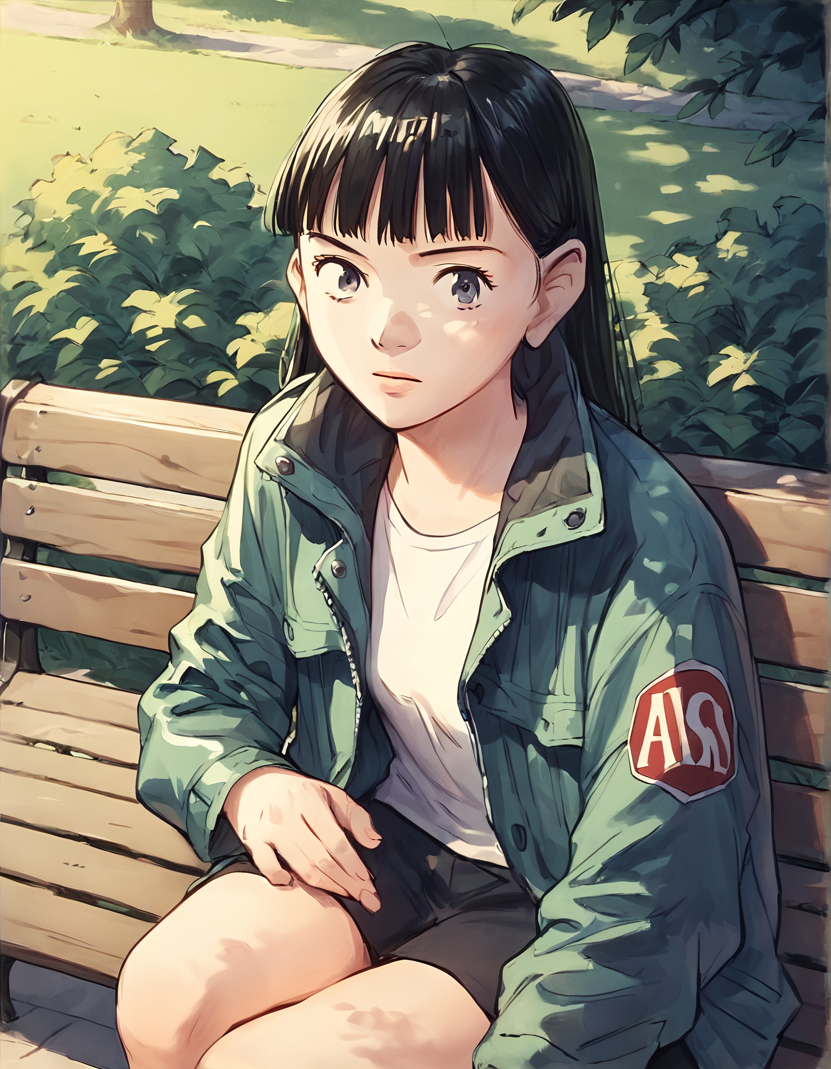 score_9, score_8_up, score_7_up,score_6_up,high resolution,upper body,n4a0kistyle,asadora,1girl,black hair,bangs,solo,jacket,on a bench,park,masterpiece,sitting,looking at viewer