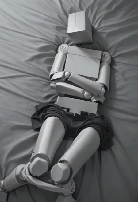 score_9, score_8_up, score_7_up, score_6_up, highly detailed, realistic, cyberpunk, BoxPerson, monochrome, greyscale, no humans, robot, mecha, humanoid robot, undressing, clothes lying around
