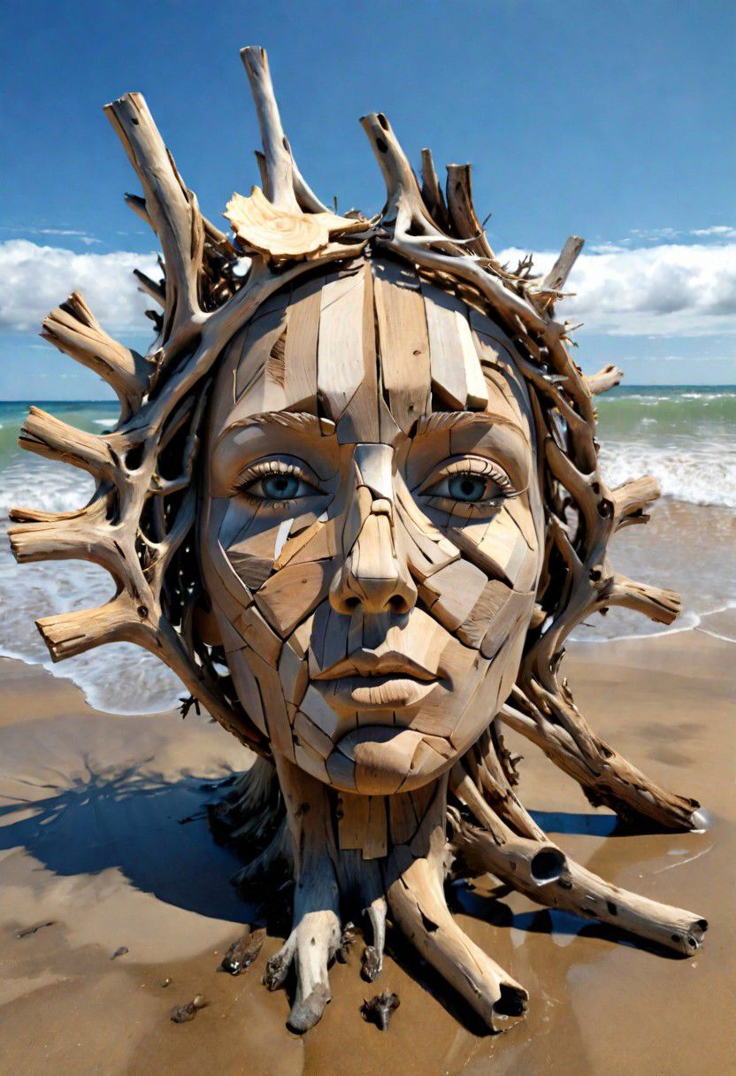 (drift wood washes up on the shore, all the tiny parts of drift wood form together to create a perfect womans face on the shore), abstract, 3d render, strong, insanely intricate details, (masterpiece), breathtaking natures art work
