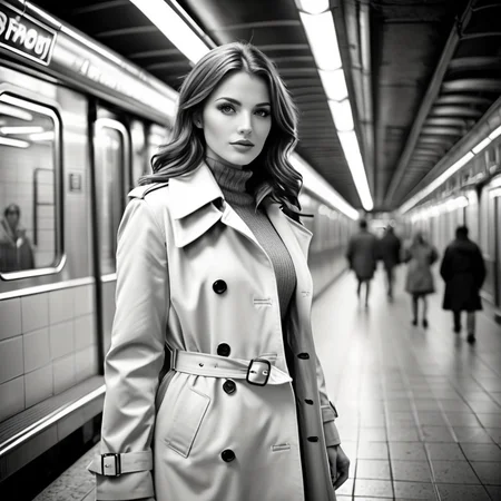 analog film photo b&w photograph of a beautiful woman in a subway wearing a trenchcoat, <lora:bustyzoey:1>, bustyzoey, high contrast, black and white photo,  . faded film, desaturated, 35mm photo, grainy, vignette, vintage, Kodachrome, Lomography, stained, highly detailed, found footage