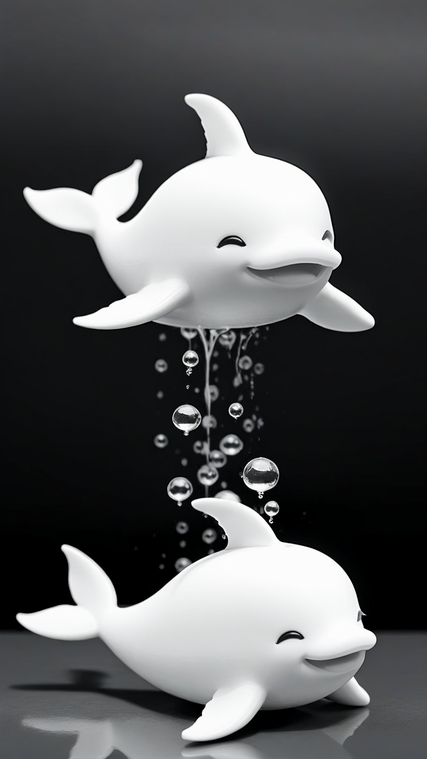 <lora:3DPrintingXL:1>,whitemold,3d printed mold,art style,greyscale,monochrome, Cheerful little whale with rounded body and tiny fins, its face full of joy as it "spouts" little water droplets, bringing a magical touch to any room.
