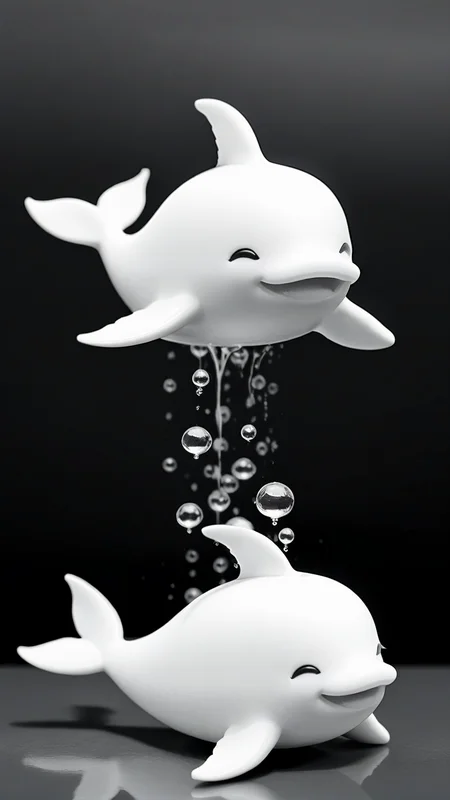 <lora:3DPrintingXL:1>,whitemold,3d printed mold,art style,greyscale,monochrome, Cheerful little whale with rounded body and tiny fins, its face full of joy as it "spouts" little water droplets, bringing a magical touch to any room.
