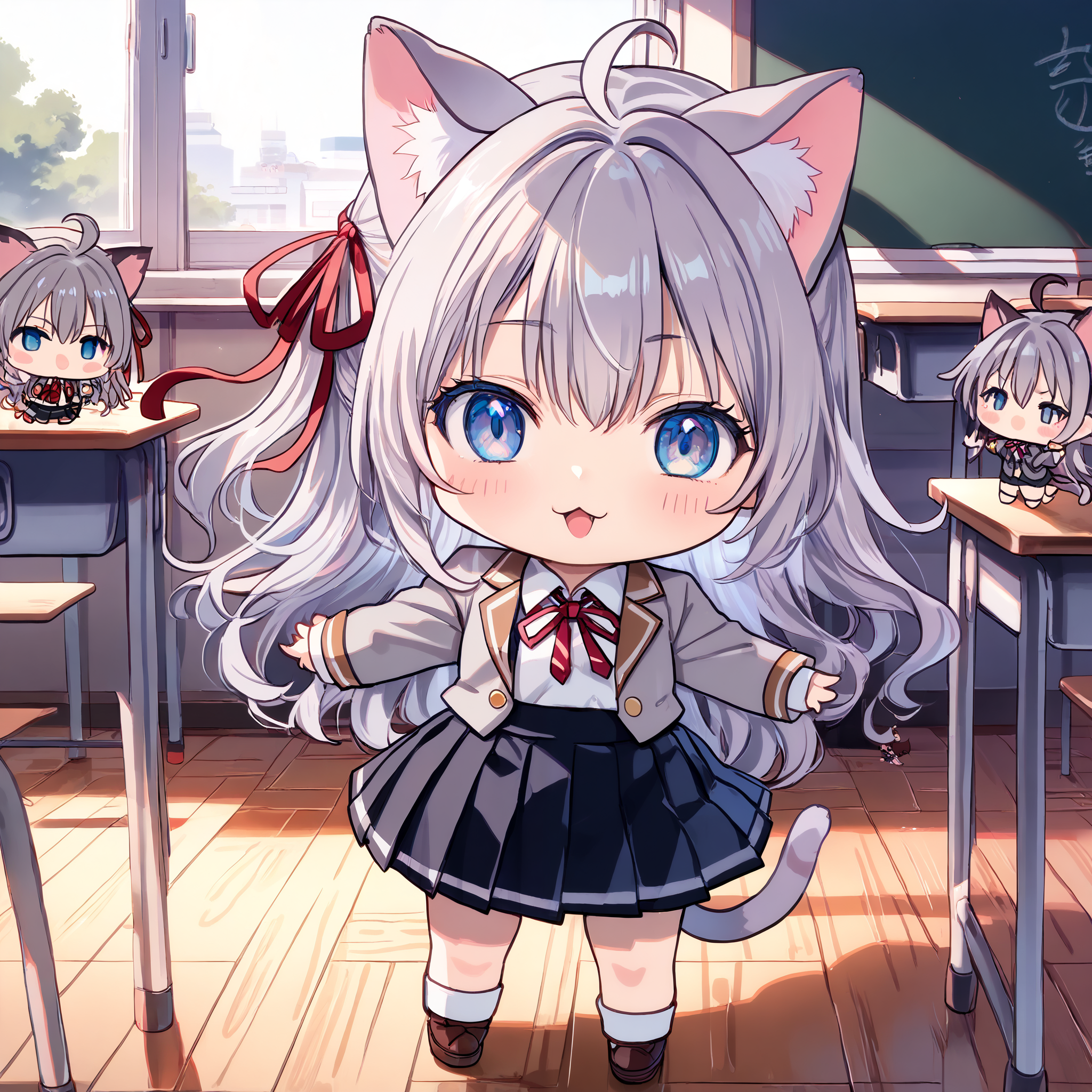 score_9, score_8_up, score_7_up, score_6_up, score_5_up, score_4_up, BREAK source_anime, look at viewer, rating_safe, 1girl, solo, classroom,  masterpiece, best quality, high detailed skin,  alisa mikhailovna kujou, long hair, grey hair, ahoge, hair ribbon, blue eyes, seiren school uniform, white shirt, grey jacket, long sleeves, red ribbon, pleated skirt, black skirt,  open clothes, blazer, (chibi:1.8), (cute:1.8), (kawai:1.8), cat ears, cat tail, catface, :3, full body, happy,