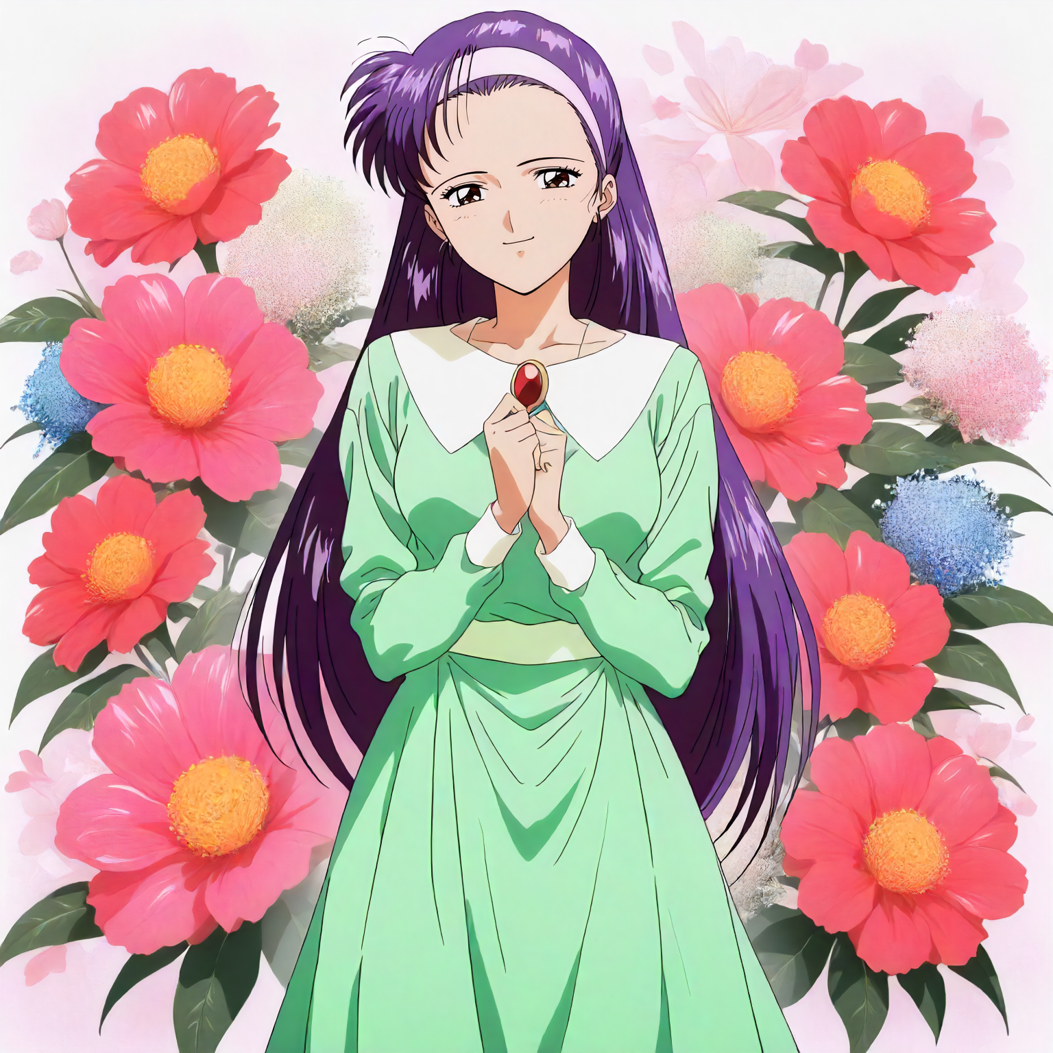<lora:ZSBGP0_saionji_reikoXLanimagine002>,
masterpiece,high score,great score,absurdres,
flower background,glitter,
smile,
looking at viewer,
solo,
anime coloring,1990s \(style\),
saionji_reiko\(zenkoku_seifuku_bishoujo_grand_prix\),1girl,purple hair,long hair,hairband,forehead,brown eyes,
green dress,wide collar,white collar,brooch,long_sleeves,
long_skirt,
cowboy shot,
standing,