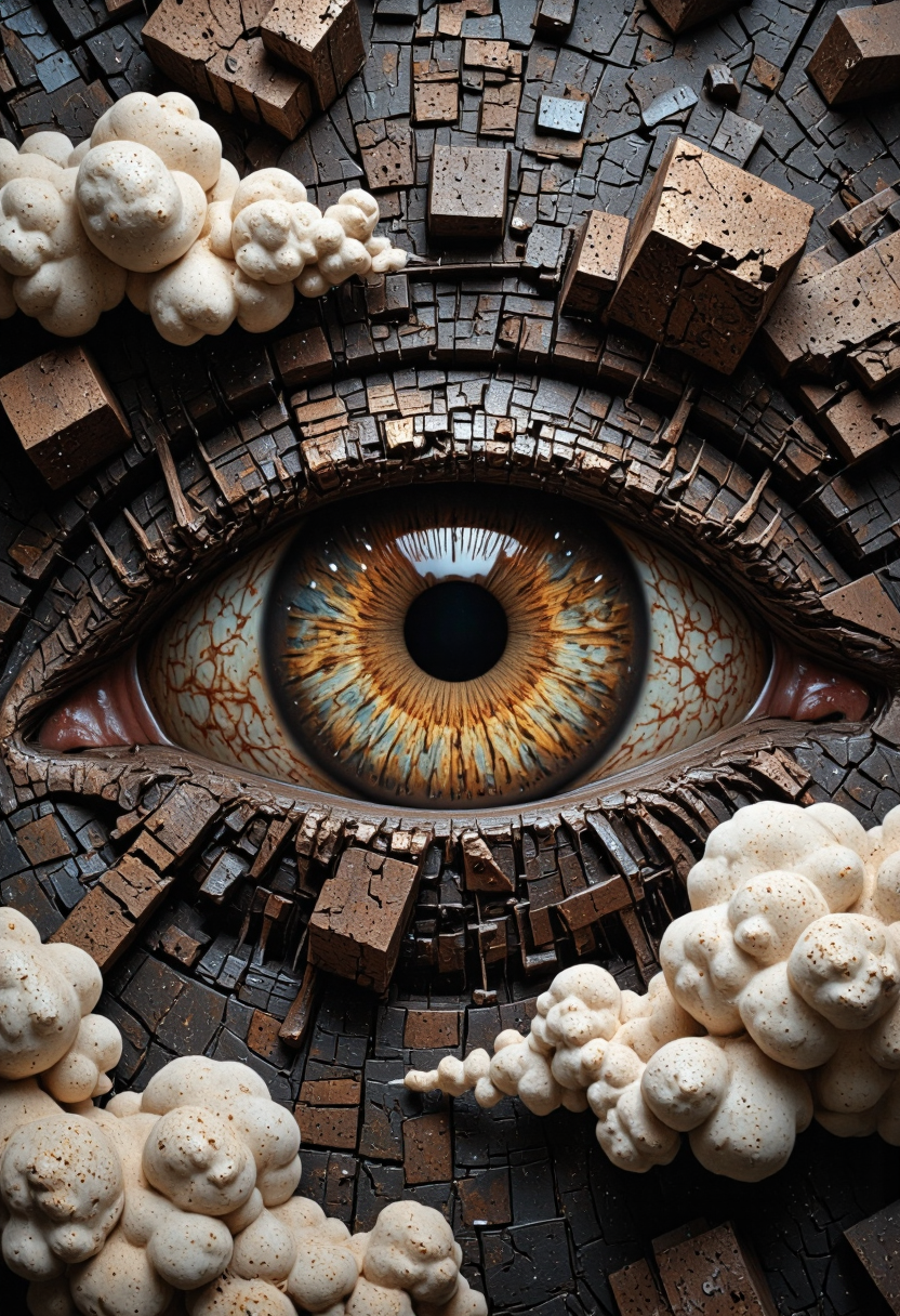 <lora:Pieper-Geometrics-Earthbound:0.8>, Op-Art, abstract, Geometric Shapes, dark mud texture with sparkling sandy grain shapes becomes more rusty and corrosive over time.,with a giant eye the image is reflected in its iris, surrounded by floating clouds