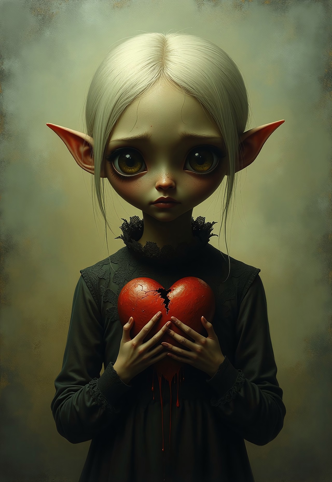 0n1r1c, A stylized caricature of a dark female figure with a hollow chest with an empty hole in the middle. Her hair is light, almost white. She holds a bleeding, dark red and torn, broken  heart in both hands in front of her chest. The figure has exaggerated, elongated features, large sorrowful eyes, and a melancholic yet endearing expression. The atmosphere is eerie but sweet, with a soft glow highlighting the creature’s delicate sadness. 
Intricate gothic details adorn her body, with torn lace and silver glowing cracks along her form. The figure appears to be wearing a loose garment, suggested by darkcoal shapes around the shoulders that blend with the background, although there is no discernible detail of the clothing. 
The background is misty and dimly lit, evoking a dreamlike, almost whimsical gothic fairytale aesthetic.  The painting features muted color palette and a dezent monochromatic scheme, primarily with shades of black, white, and silver.
