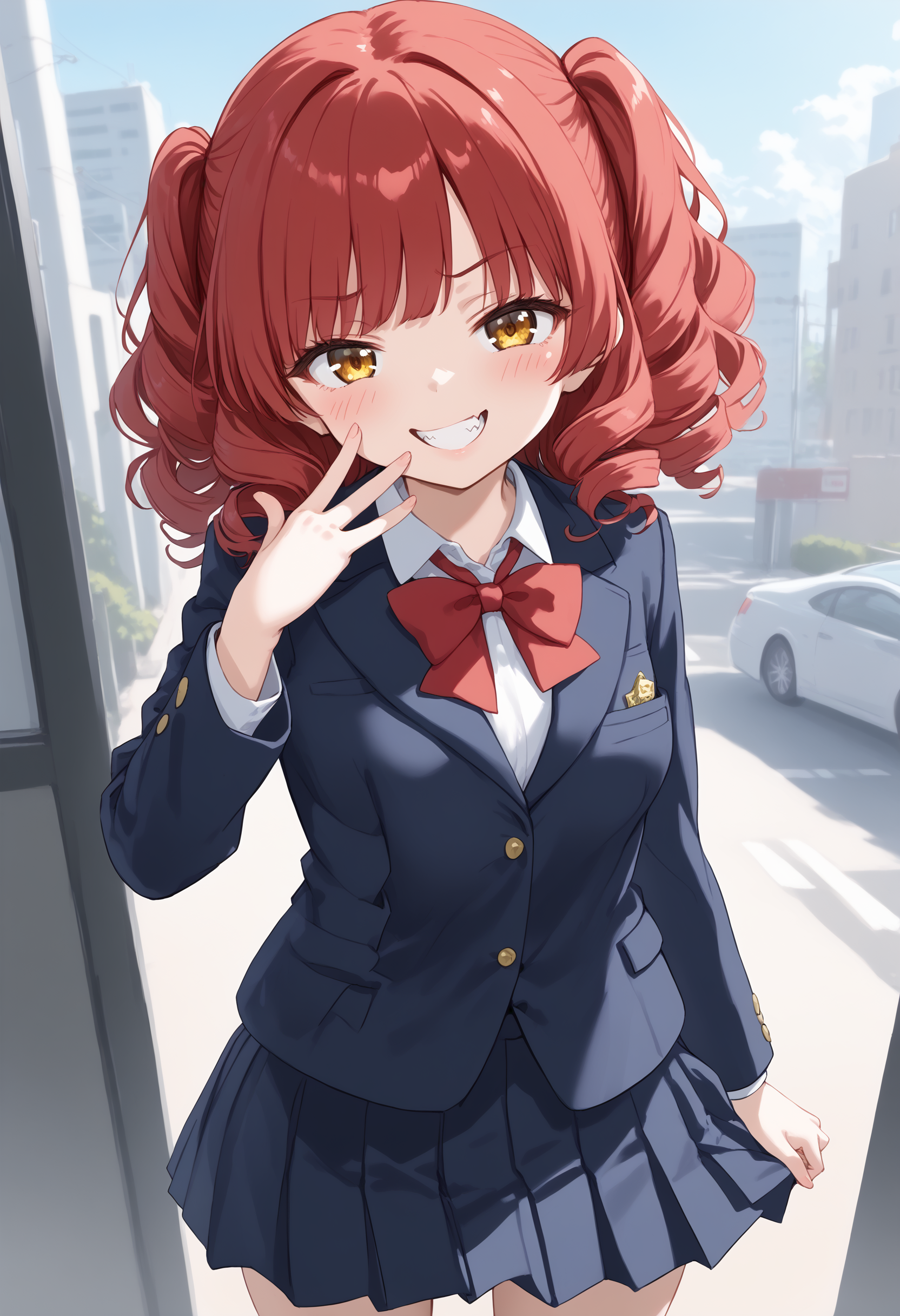 1girl, medium breasts, school uniform,
mesugaki, smile, looking at viewer, blush, hand up, skin fang, <lora:mesugaki_Pony_v1:0.9>
dutch angle, cowboy shot, looking at viewer, red hair, golden eyes,grin, business district, open mouth, curly hair,,