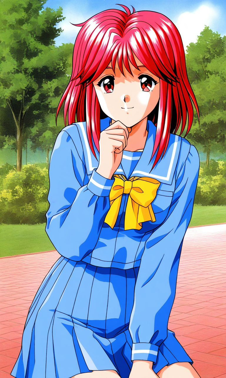 general,highres, ultra-detailed,very aesthetic,best quality ,best hands, BREAK <lora:Asahina_Yuko_Tokimeki_Memorial_IS:1>
Asahina_Yuko(Tokimeki_Memorial), 1girl, solo, red hair, medium hair, red eyes, bangs, sidelocks, breasts, 
school uniform, blue serafuku, blue skirt, Yellow bow, sailor collar, blue sailor collar, smile, long sleeves, pleated skirt, hand on own chin, 
outdoor, tree, sky,