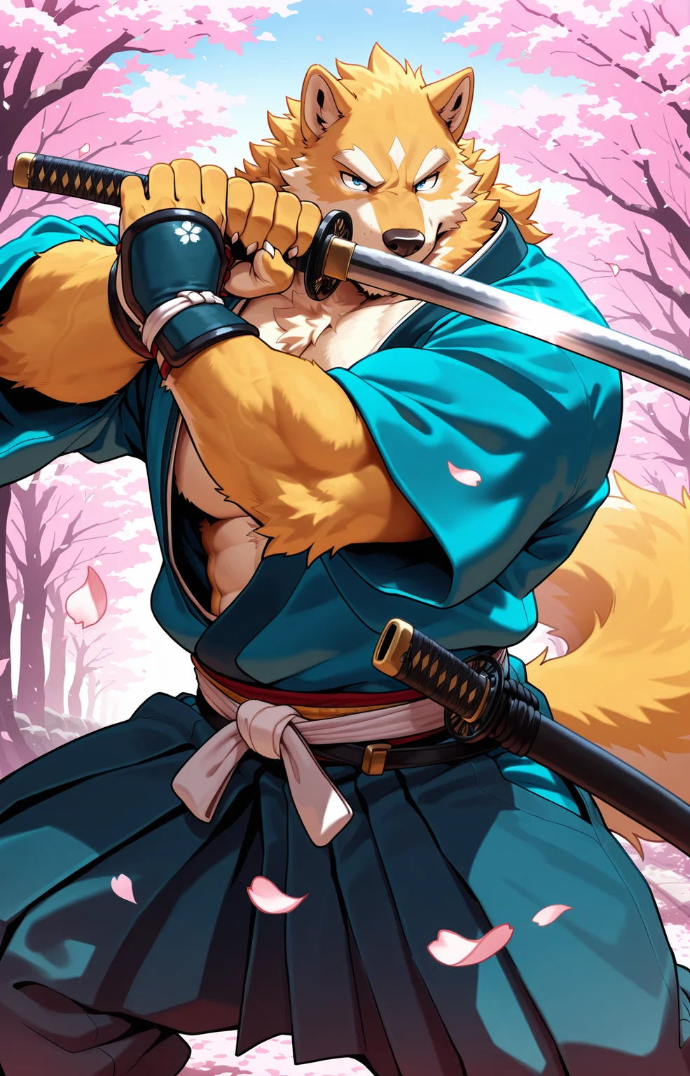 masterpiece,best quality,perfect quality,absurdres,newest,very aesthetic,male focus,furry,bara,muscular,broad shoulders,big pecs,perfect anatomy,tail,furry,furry,fluffy fur,fur texture,
Japanese clothes,kimono,Ronin,samurai,Chodachi,cherry blossoms,(long sword),Iai slash,firm eyes,falling cherry blossoms,flying cherry blossom petals,loot at you,Ronin clothes,attack stance,5finger,white claw,blade,Golden fur,straight sword,tan fur,scabbard,draw sword,