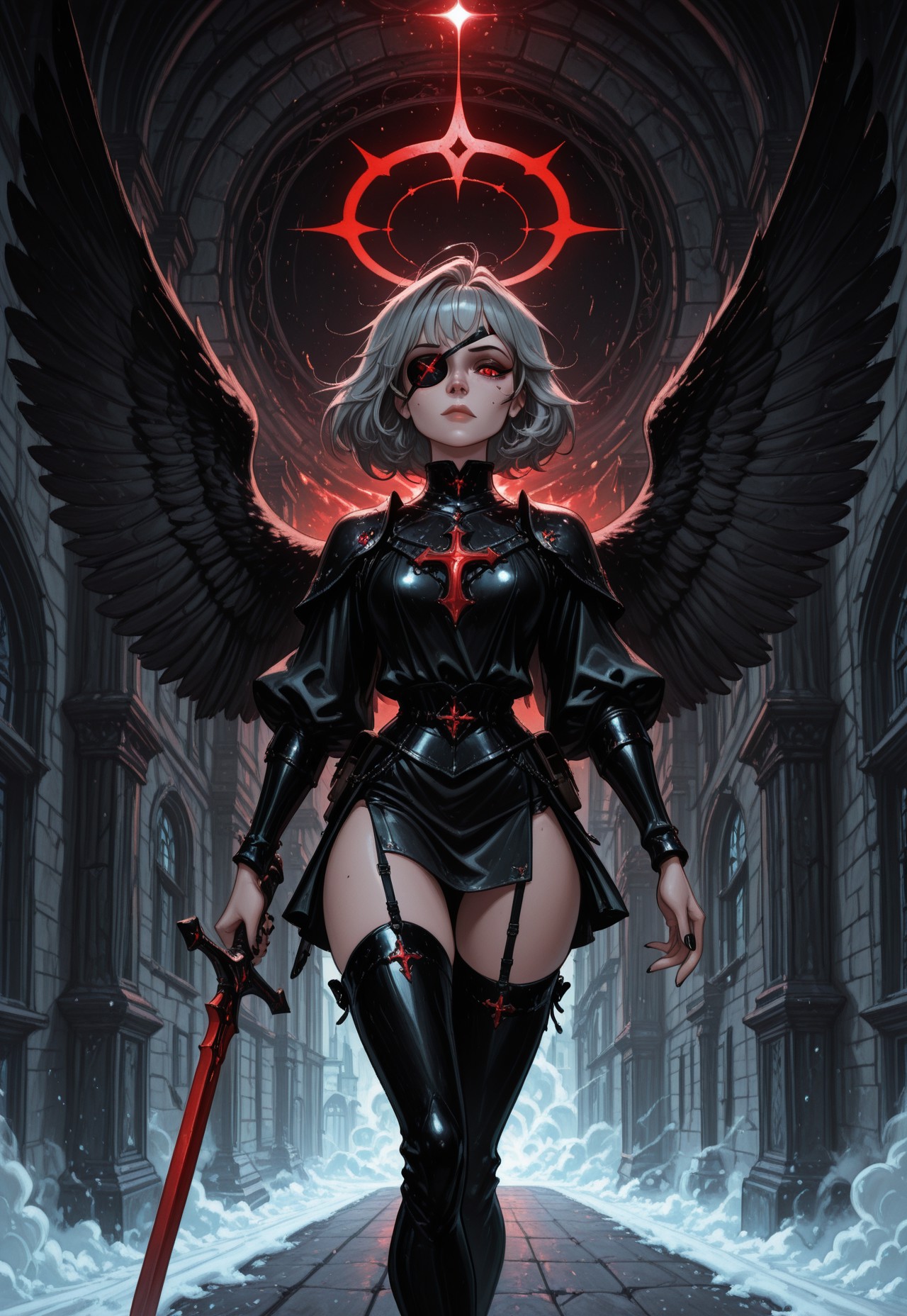 very aesthetic, high resolution, high quality, amazing quality, detailed, masterpiece, absurdres, score_9, score_8_up, score_7_up, w3st3rnt00n4 /style/, 1girl, angel, short hair, grey hair, small breast, small chest, she only have one wing, small black wing, black nail, red halo, holding medieval sword, eyepatch, looking at viewer, action dynamic pose