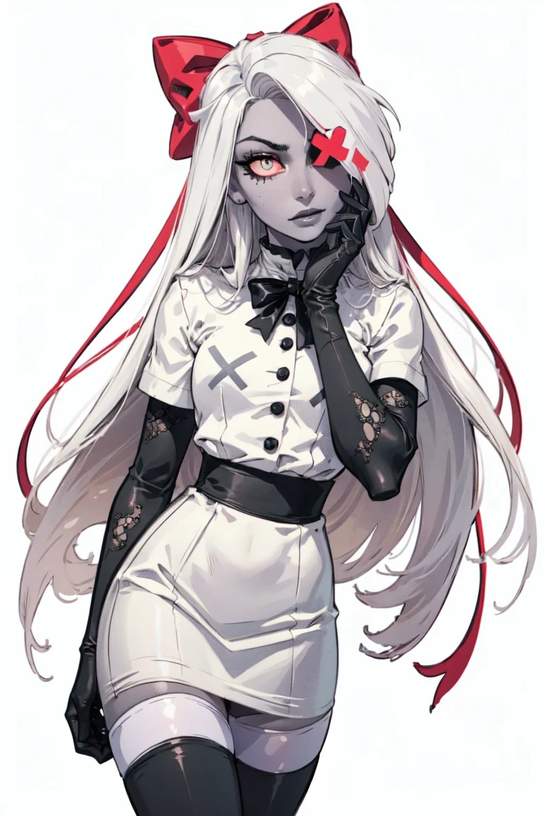 (Vaggie:1.0), (casual outfit, white dress, stockings, gloves:1.5), (pastel-pink sclera, black pupil, grey skin, white hair, long hair, hair bow:1.2), (white background:1.5), (realistic:1.2), (masterpiece:1.2), (full-body-shot:1),(Cowboy-shot:1.2), neon lighting, dark romantic lighting, (highly detailed:1.2),(detailed face:1.2), (gradients), colorful, detailed eyes, (detailed landscape:1.2), (natural lighting:1.2), (cute pose:1.2), (solo, one person, 1girl:1.5), standing, <lora:VaggieHazbinHotel-09:0.8> <lora:add_detail:0.15> <lora:hipoly3DModelLora_v10:0.05> <lora:RSERomantic_RSESofiko_RSEEmma-v1:0.1> <lora:BeautifulEyes:0.65> <lyco:coloredSkin-08:0.4>
